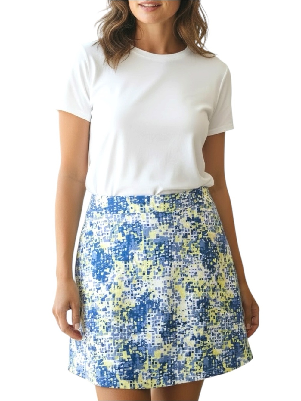 Pebble Beach Sz MEDIUM Blue Yellow Pixel A-Line Golf Skirt Skort Pockets
